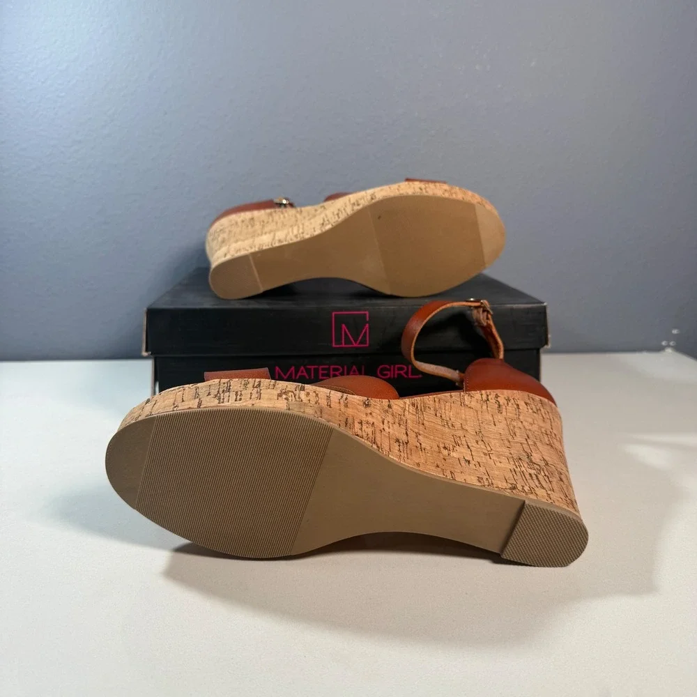 Material Girl Wedge Sandals Brown Cork Ankle Strap. Size 10.5